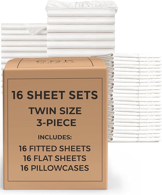 Bulk Case Pack of 16 Sheet Sets - (16) Complete Twin Size Sheet Sets with Deep Pockets - Wholesale Bulk Bedding for Hotels, Spas & Airbnbs - Breathable, Cooling & Wrinkle Free - (Twin, Antique White)