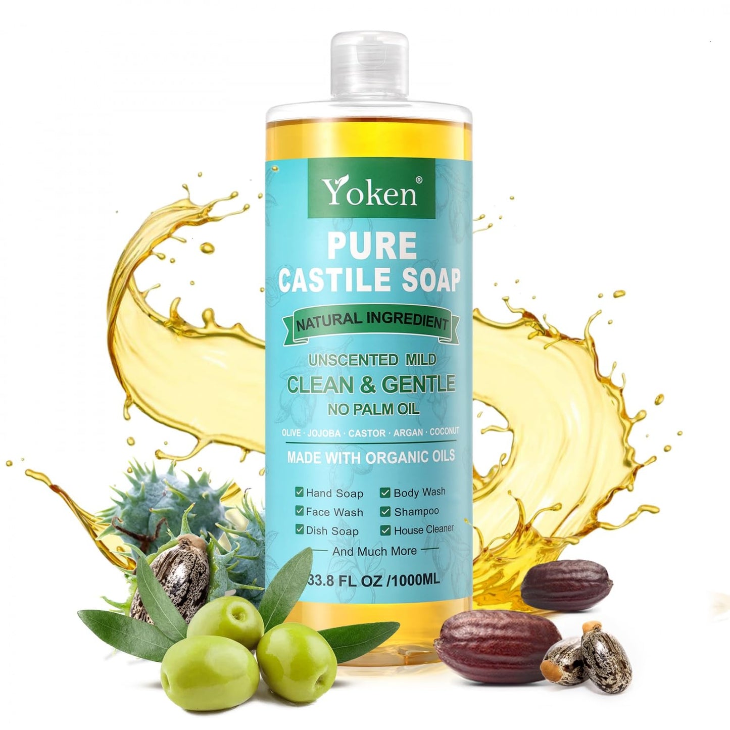 Yoken EWG Verified Castile Soap Liquid Unscented 33.8 fl oz Pure Castile Liquid Cleanser Made With Organic Oil, Clean & Gentle, Natural Castor Oil Soap for Body Wash, Hand, Dishes, Laundry