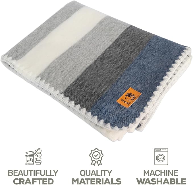 ALPAKITAS Alpaca Wool Blanket Throw | Large, Beautiful, Warm, Stripes | 64 x 45 inches | Ultra-Soft, Hypoallergenic and Breathable | Non-Itchy or Scratchy (Gray and Blue)