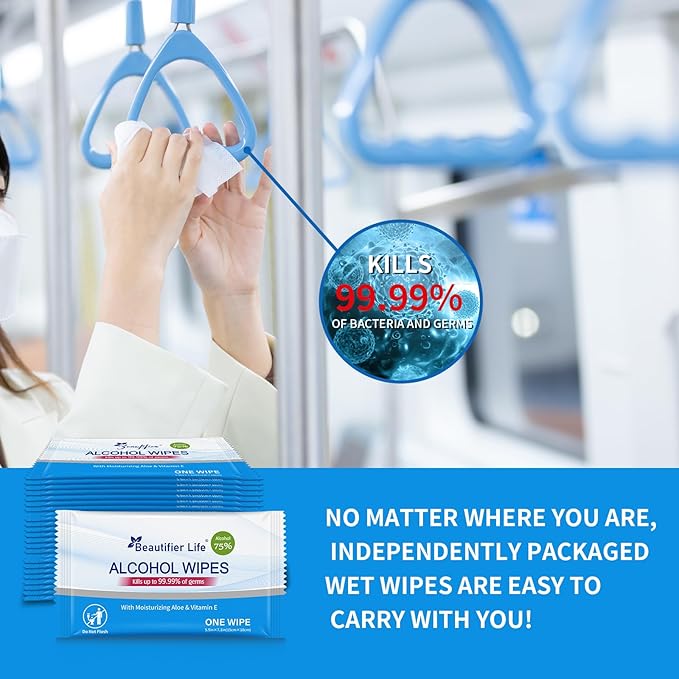 100 Count Individually Packed Hand Sanitizing Wipes - 75% Alcohol Formula with Aloe, Moisturizer, and Vitamin E - Premium Sanitizer for Travel, Home, Office, and School Use