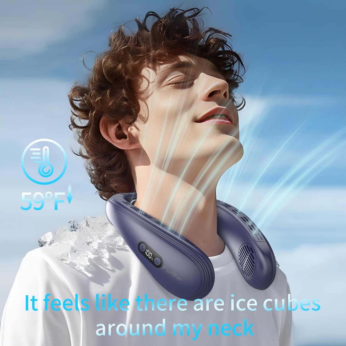 PluvoFan Neck Fan Back-Windy 6000mAh with Cooling Plate Bladeless Portable Thermo-Electric Cooler Rechargeable Camping Essentials for Women Men Outdoor Activities Gardening Walking the Dogs(Navy Blue)