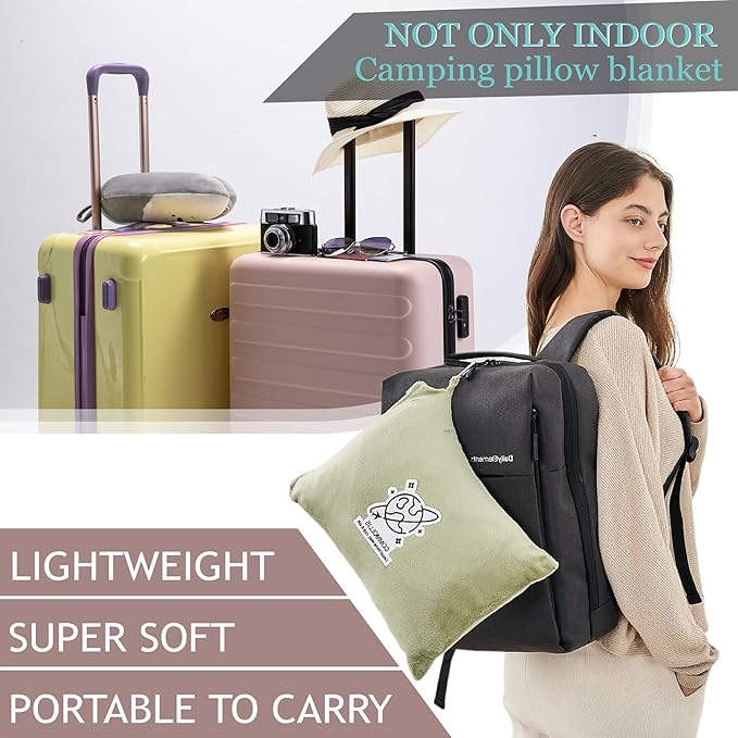 Commollis 2-in-1 Travel Blanket & Pillow for Airplane, Car, Train - Warm Compact Flight Blanket with Luggage Strap & Backpack Clip, Machine Washable, All-Season Use