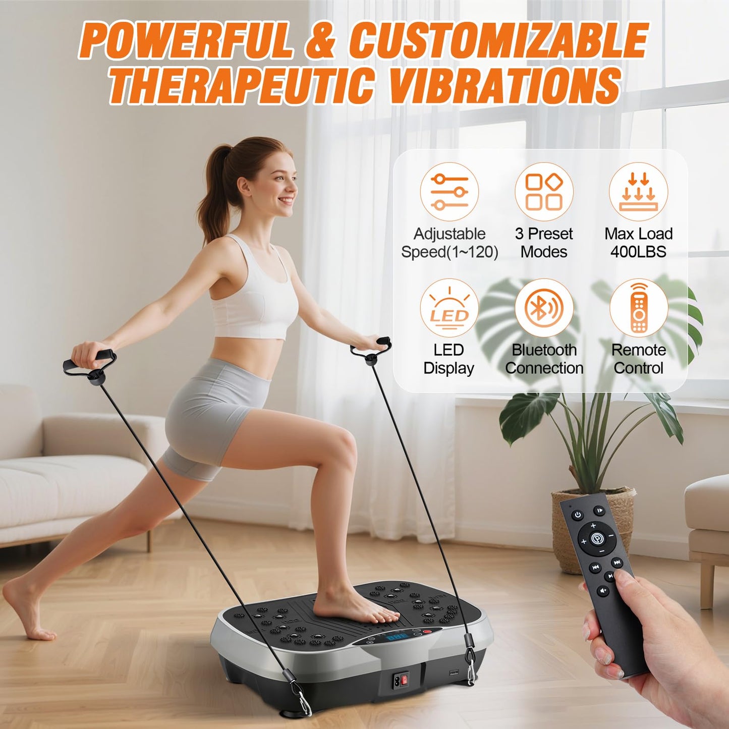 ALSO GO Vibration Plate Exercise Machine, 3 Workout Modes & 120 Level Vibration Platform for Weight Loss/Lymphatic Drainage, 400lbs Capacity Vibration Board with Resistance Bands for Full Body Workout