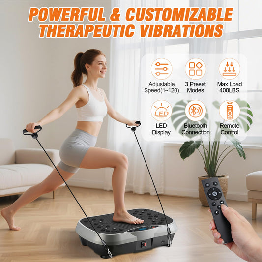 ALSO GO Vibration Plate Exercise Machine, 3 Workout Modes & 120 Level Vibration Platform for Weight Loss/Lymphatic Drainage, 400lbs Capacity Vibration Board with Resistance Bands for Full Body Workout