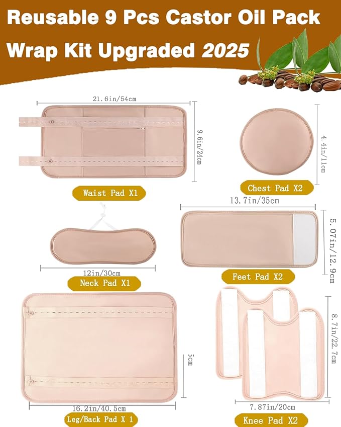 9-Piece Organic Cotton Body Wrap Kit - Multi-Size Thermal Packs for Neck, Back, Knees & Feet (Castor Oil Compatible) - Reusable Soothing Relief Set 2025