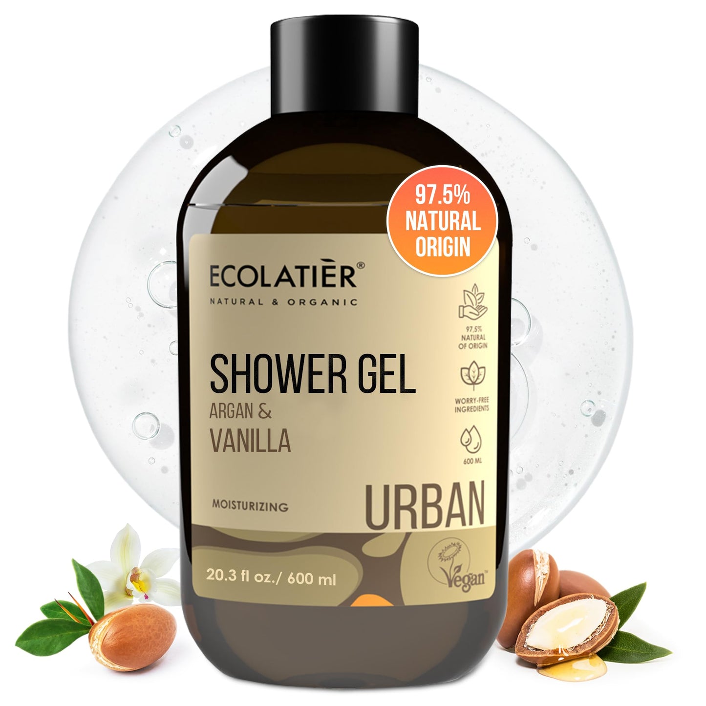 ECOLATIÈR Vanilla Body Wash with Organic Argan Oil - Moisturizing Natural Body Wash for Women & Men, 97.5% Natural Ingredients, Vegan, Hydrating & Antioxidant Care for Soft, Smooth Skin, 20.3 Fl Oz