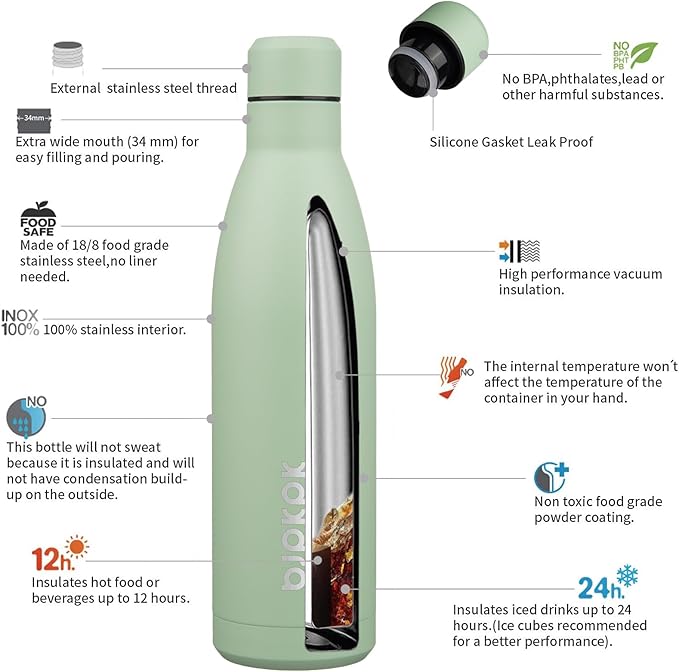BJPKPK 25oz Insulated Water Bottle Double Wall Vacuum Insulated Stainless Steel Water Bottles for Spots Keep Cold and Hot,Macaron Green