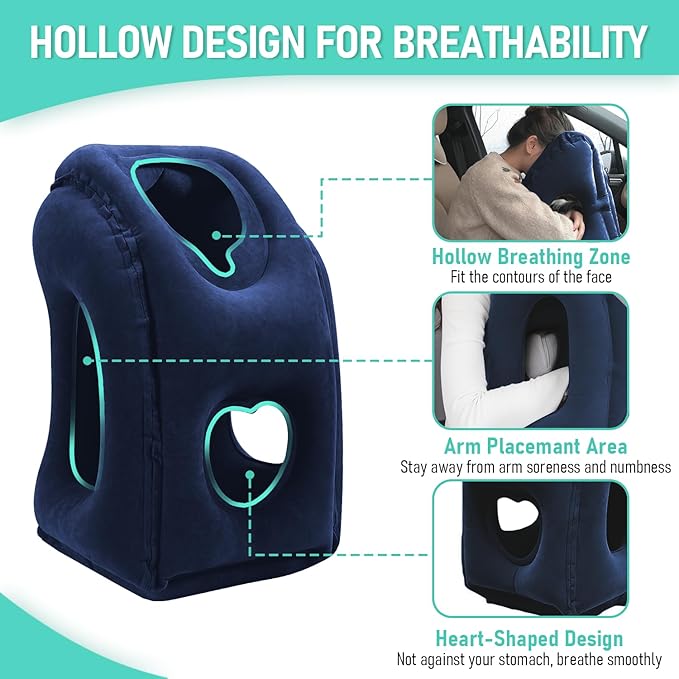 Inflatable Travel Pillow for Airplanes, Airplane Pillow for Supports Neck, Used for Planes, Trains, Cars, Includes Storage Bag, Eye Mask & Earplugs (Blue)