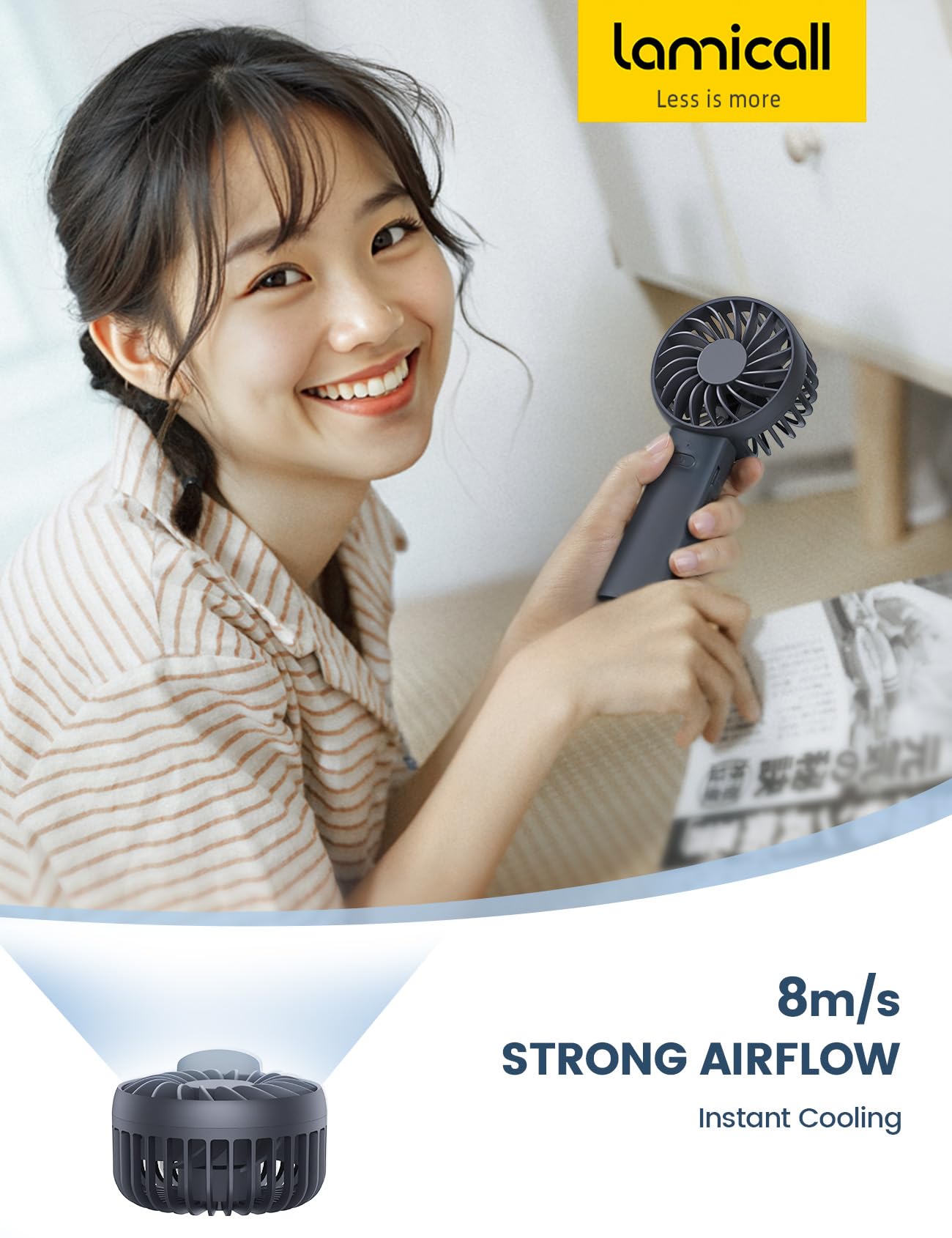 Lamicall Mini Portable Fan, 3 Speed Handheld Fan, Rechargeable Battery Personal Fan Makeup Eyelash Dryer Small Desk Fan for Travel Office Outdoor Women Men Cute Design-Black