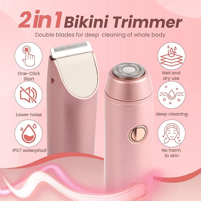 Bikini Trimmer for Women 2-in-1 Electric Razors for Pubic Hair Painless Wet & Dry Use Dual Head Electric Shaver for Women Support 60 Minutes Runtime for Facial Hair Removal & Body & Intimate Areas