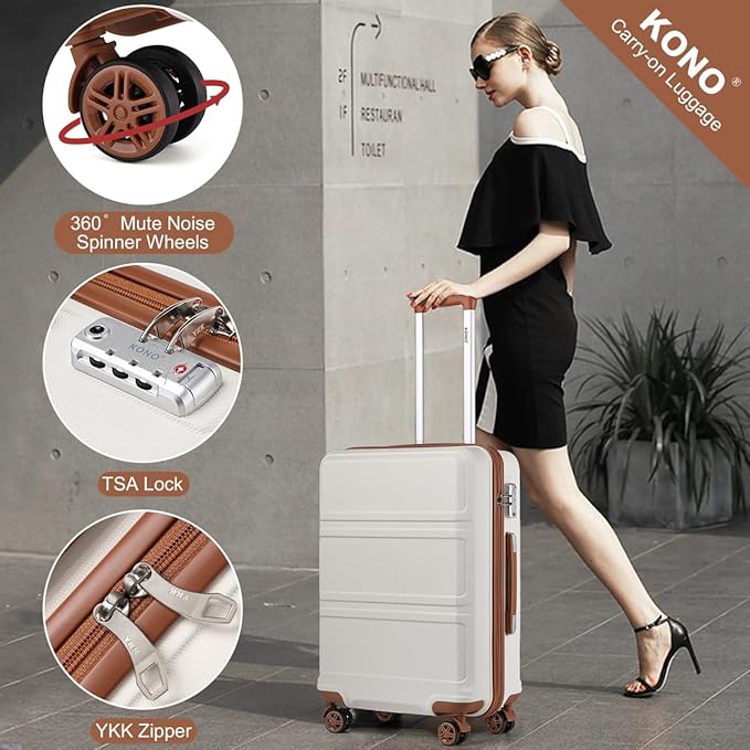 Kono 24 Inch Luggage Suitcase Lightweight with Spinner Wheels TSA Lock Hardside Medium Checked Luggage Durable Rolling Suitcase Cream White