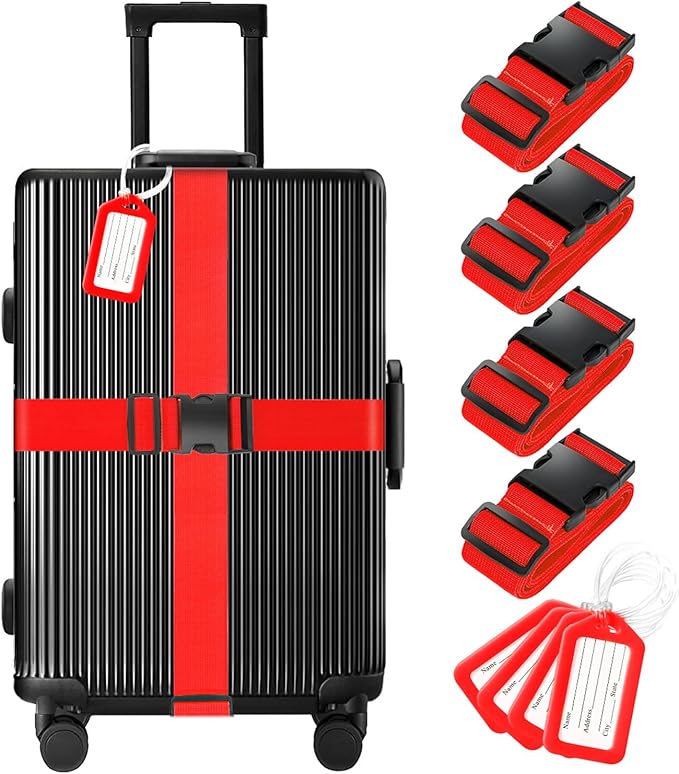 8 Pack Luggage Straps and Tags Set (4 Straps, 4 Tags), Luggage Straps for Suitcases TSA Approved Suitcase Belt Luggage Tags, Red