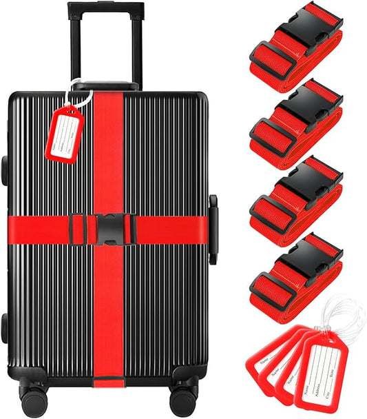 8 Pack Luggage Straps and Tags Set (4 Straps, 4 Tags), Luggage Straps for Suitcases TSA Approved Suitcase Belt Luggage Tags, Red