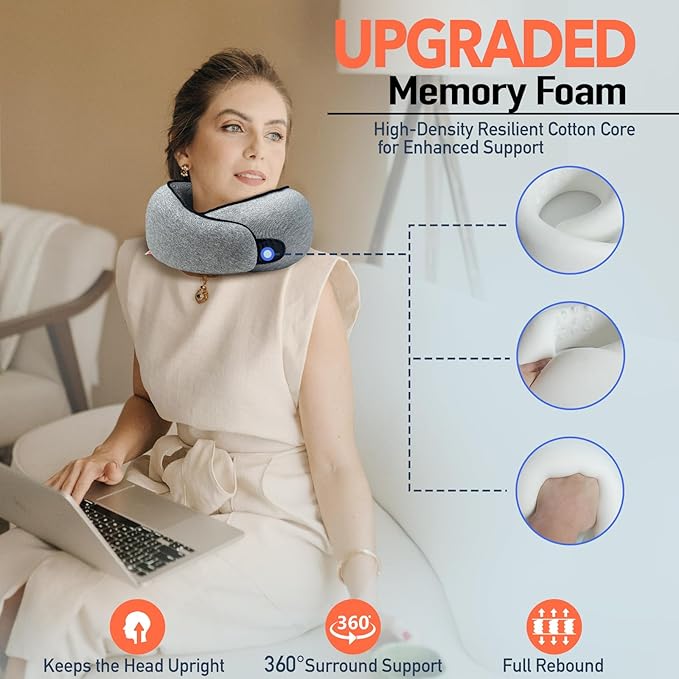 Travel Pillow | High-Density Memory Foam Pillow with 360° Surround Support. Ergonomically Designed. Ideal for Airplane Travel and Home Use.
