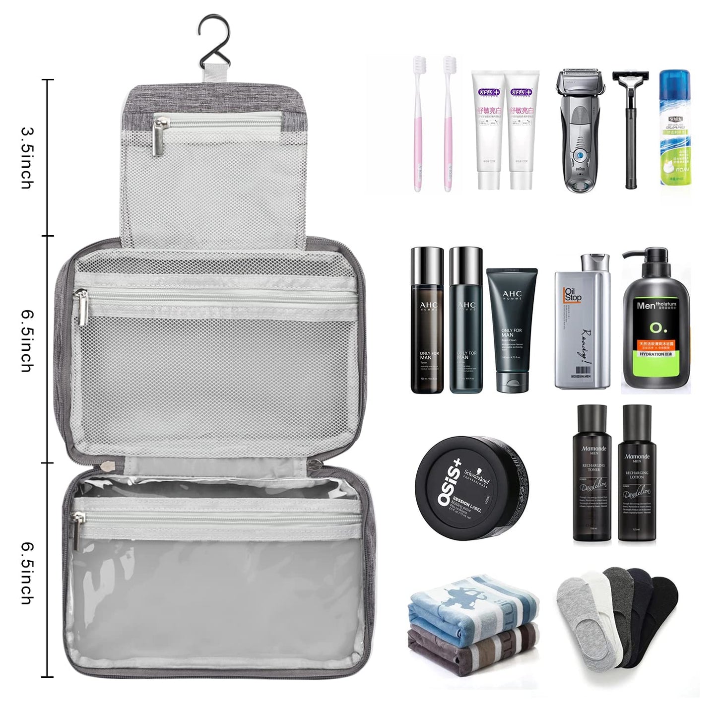 Etercycle Toiletry Bag for Women Men, Waterproof Hanging Toiletry Bags for Traveling, Portable Foldable Travel Wash bag with Hanging Hook, Shaving Bag for Bathroom Shower- Gray