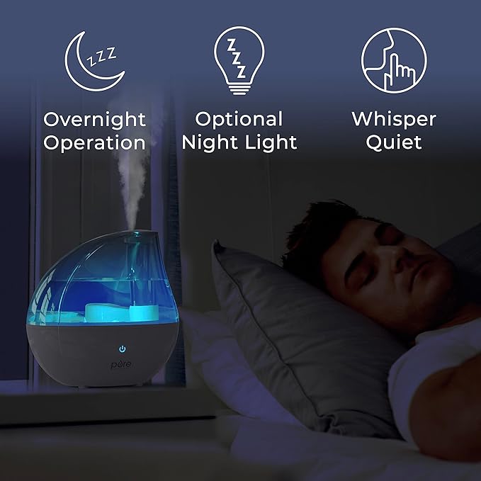 Pure Enrichment MistAire Silver Ultrasonic Cool Mist Humidifier for Bedroom, Office, Nursery & Indoor Plants - Lasts Up to 25 Hours, Whisper-Quiet Operation, Optional Night Light, & Auto Shut-Off