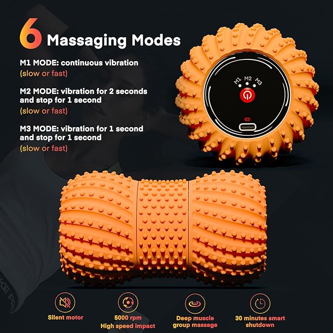 2 in 1 Vibrating Peanut Massage Ball with 6 Massaging Modes and Bluetooth Speaker, Rechargeable Vibrating Massage Yoga Roller Ball for Muscle Recovery, Orange