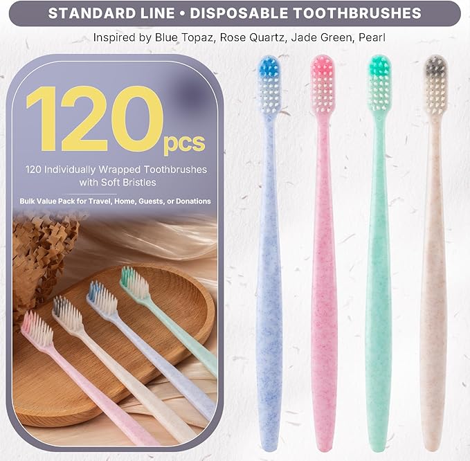 120-Pack Disposable Toothbrushes Individually Wrapped, Soft Bristle Bulk Travel Toothbrush for Adults, Kids, Guest, Hotel, Home, Camping, Donation – 4 Colors, Mini Manual Value Pack