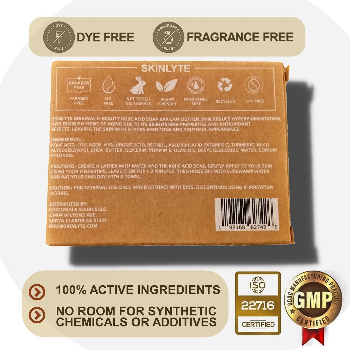 SKINLYTE Kojic Acid Soap Natural -Fragrance Free and Dye Free- Dark Spot Remover Hyperpigmentation Corrector K-Beauty Formula - Turmeric, Glycerin, Collagen, Hyaluronic Acid, Retinol (2 Pack) 7oz.