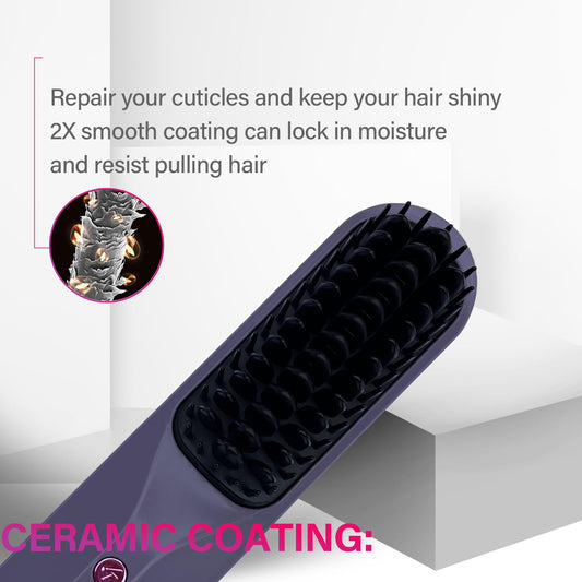 Cordless Hair Straightener Brush Hot Comb Hair Straightening Iron Wireless Hot Combs, Anti Burn for Natural Black Hair Beard Wigs Wonmen Gifts - Purple