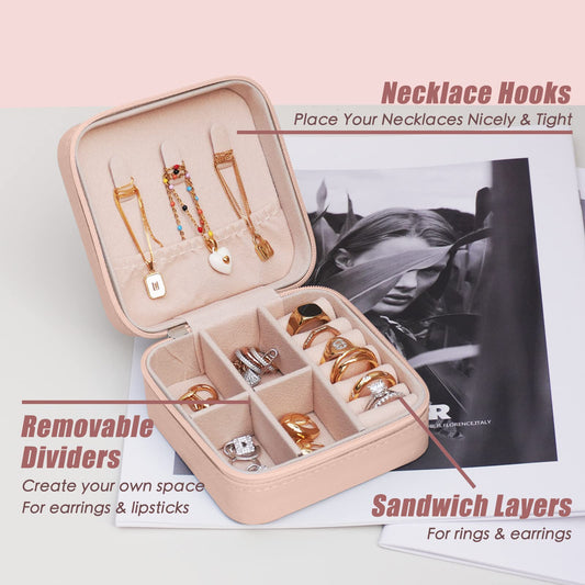 Travel Jewelry Case Small Jewelry Box Mini Travel Essentials for Women, Travel Jewelry Organizer, Bridesmaid Gifts Bridesmaid Proposal Gifts for Women Her, Travel Accessories to Store(1pc pink peach)