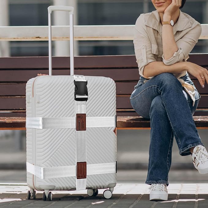 3-in-1 Luggage Straps, Luggage Belt Strap, Luggage Straps for Suitcases TSA Approved,Suitcase Belt Strap Bag Straps for Luggage Wraps and Buckle Straps (White 3-1)