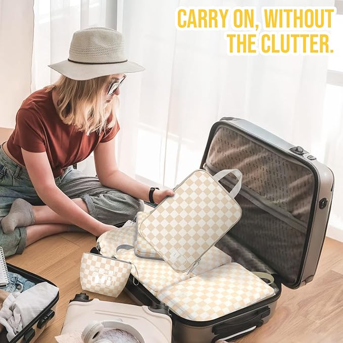 8 Set Compression Packing Cubes Travel, Lightweight Durable Packing Compression Cubes, Accessories Bags Packing Cubes for Travel Luggage Organizer (Khaki Checkered)