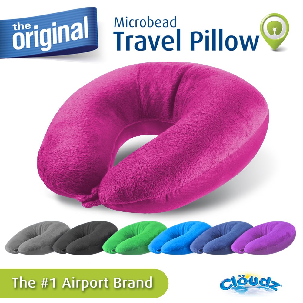 Cloudz Dual Comfort Microbead Airplane Travel Neck Pillow. Soft Cozy Plush Fabric on One Side, Cool Relaxing Spandex on The Other! Customize Your Comfort and Support at Home or On The Go! Bright Pink