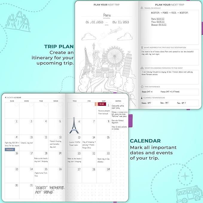 Clever Fox Travel Journal Pocket – Vacation & Road Trip Itinerary Planner Organizer & Traveling Memory Diary – Small Traveler Notebook (Turquoise)