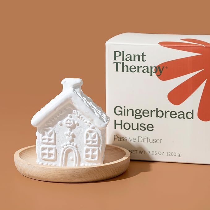 Plant Therapy Gingerbread House Holiday Passive Diffuser, Porous, Unglazed Gingerbread House & Natural Beech Wood Base, Add Essential Oils for a Soft Scent, Fun & Cheerful Holiday Décor