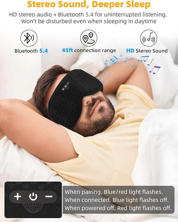 3D Contoured Sleep Mask with Bluetooth Headphones, Adjustable Blackout Sleeping Mask, Easy Installation Sleeping Headphones with Ultra-Thin Stereo Speakers for Men, Women - Black