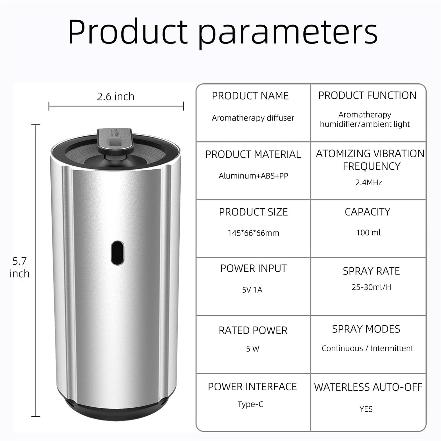 Aluminum Car Diffuser Essential Oil Car Aromatherapy Humidifier 100ml Personal Vehicle Scent Freshener Cool Mist Mini Portable Ultrasonic Diffuser with Colorful Lights for Small Space (Silver)