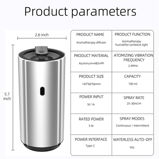 Aluminum Car Diffuser Essential Oil Car Aromatherapy Humidifier 100ml Personal Vehicle Scent Freshener Cool Mist Mini Portable Ultrasonic Diffuser with Colorful Lights for Small Space (Silver)