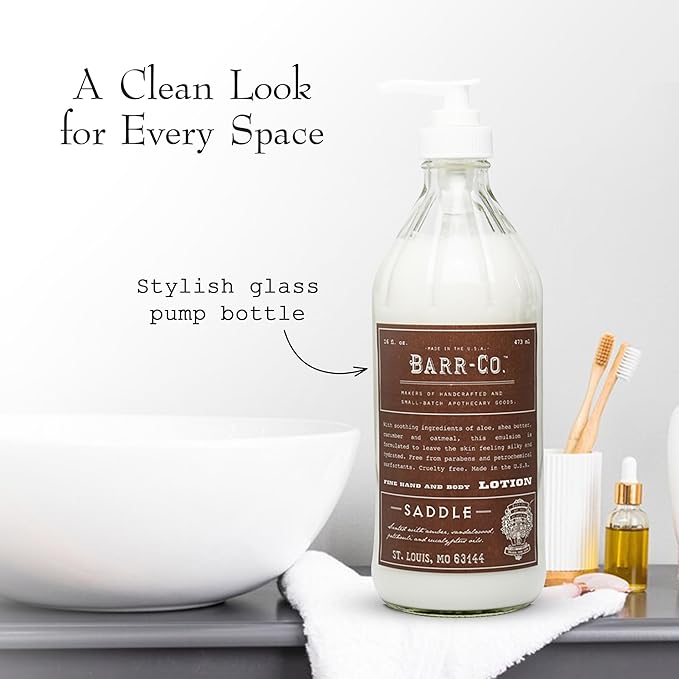 BARR-CO. Saddle Scent Shea Butter Lotion, Amber Scent with Sandalwood & Musk, Shea Moisturizing Lotion for Sensitive Skin, 16 fl oz