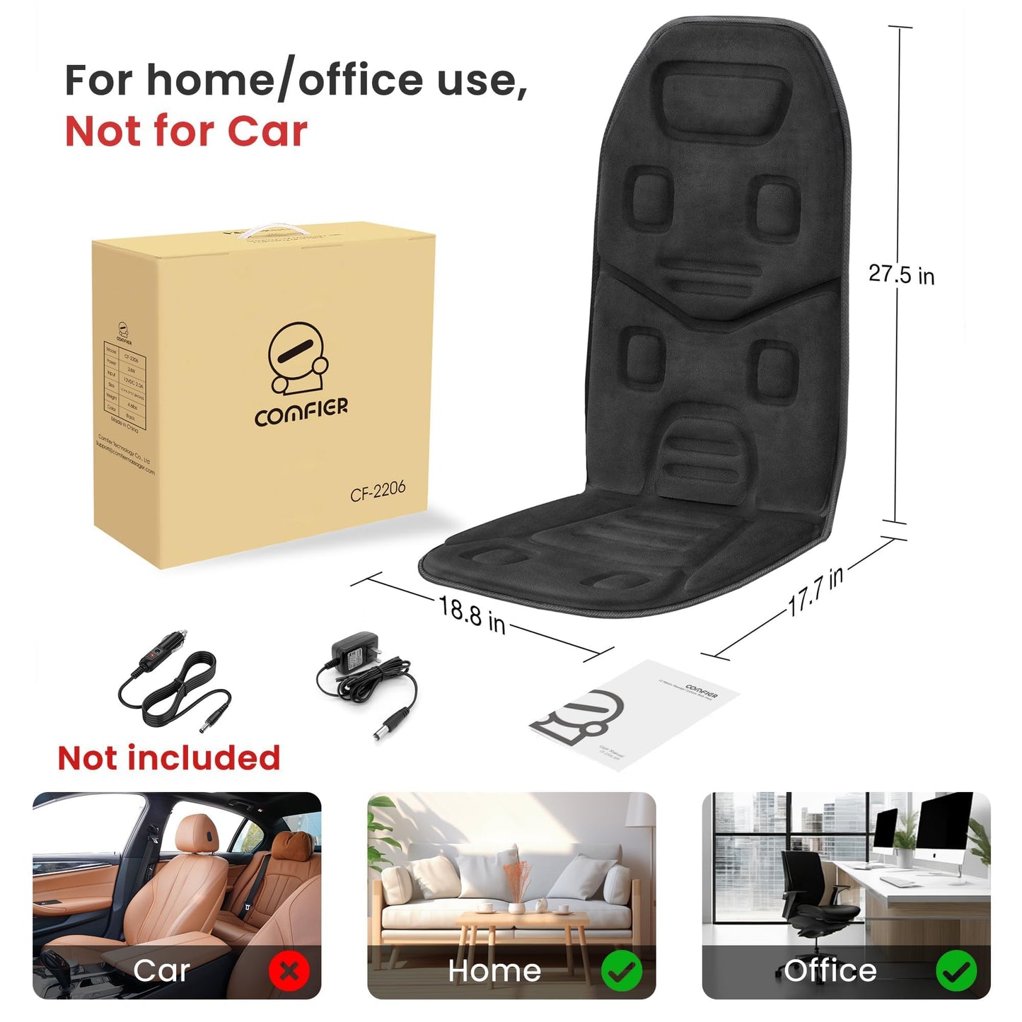 COMFIER Back Massager Seat Cushion with Heat,10 Vibration Motors, Massage Chair Pad,Chair Massager for Pain Relief at Office/Home