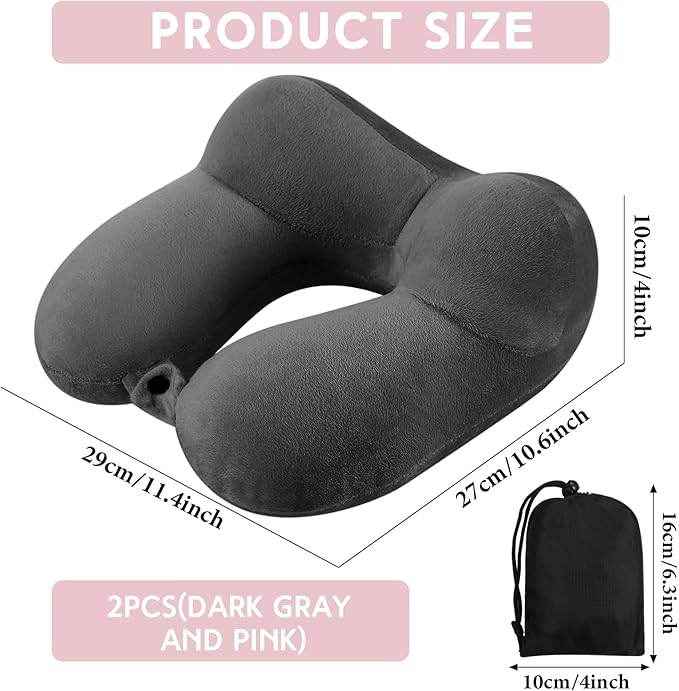 Sintuff 2 Pack Inflatable Travel Pillow for Airplanes Inflatable Neck Flight Pillows with Compact Bag and Blindfold for Traveling, Airplane, Train, Car, Office(Dark Gray and Light Pink)
