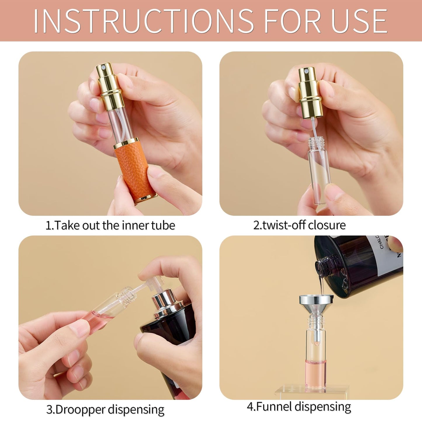 Sinyutia Portable Mini Perfume Refillable Bottle, 5ml Leather Material Travel Atomizador, Fine Mist Refillable Cologne Dispenser Sprayer, With Funnel And Perfume Diffuser Tool For Women&Men (Orange)