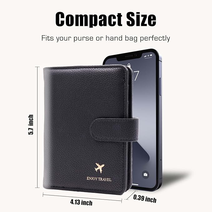 Cnycmy Passport Holder with RFID Blocking, Cash Pocket & Back Zipper Coin Pocket - Travel Document Holder, Magnetic Button, Multiple Card Slots - Soft PU Leather for Men and Women (BLACK)