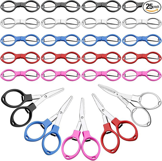 25 Pcs Mini Folding Scissors Small Foldable Travel Stainless Steel Portable Shears Bulk Badge Scissors for Nurses Glasses Shaped Anti Rust Sewing Cutter for Nurse Week Gifts School Office