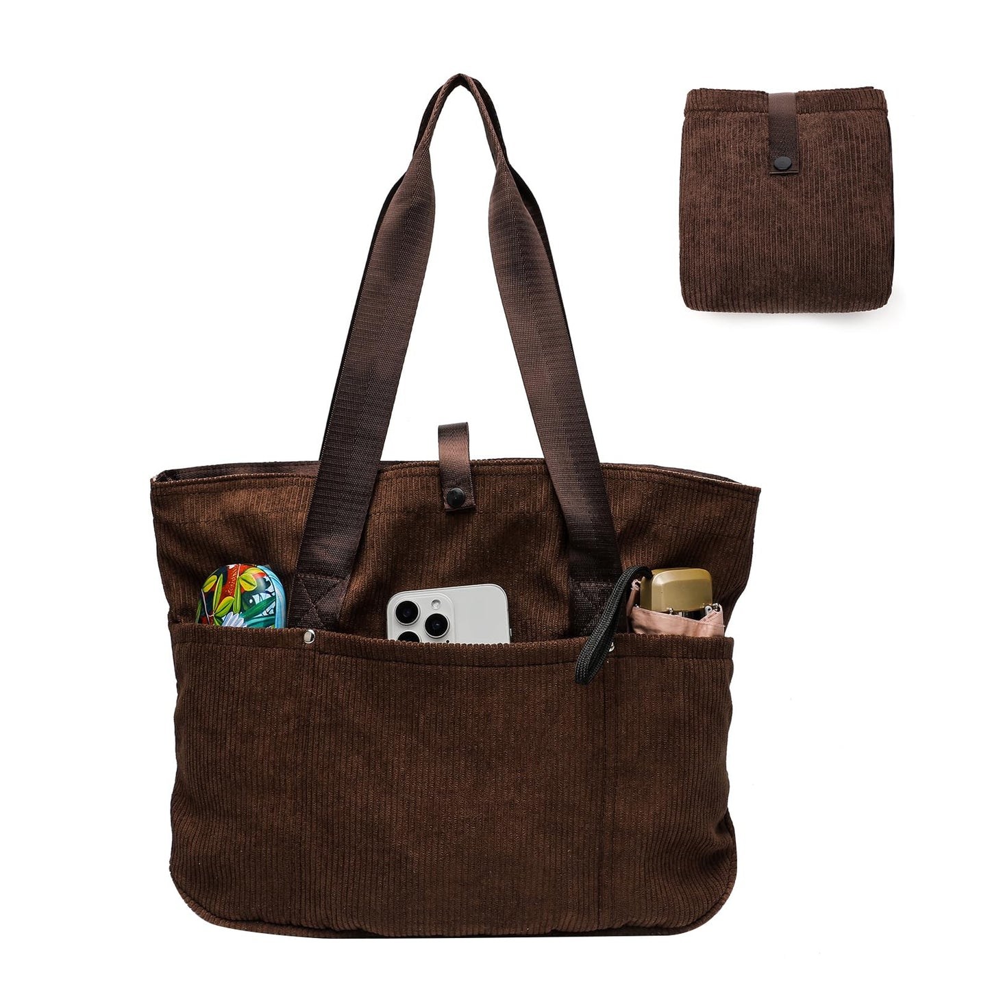 mcuvaec Corduroy Tote Bag for Women, Foldable Tote Bag With Zipper, Large Shoulder Bag, Purses and Handbags for Work Travel(Corduroy bag-Brown)