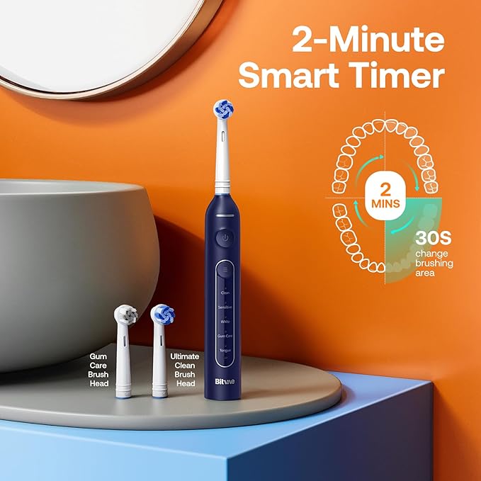 Bitvae R2 Rotating Travel Electric Toothbrush, 8 Professional Brush Heads, Carrying Case, 5 Teeth Care Modes, Pressure Alerts to Prevent Gum Injury, Long Duration