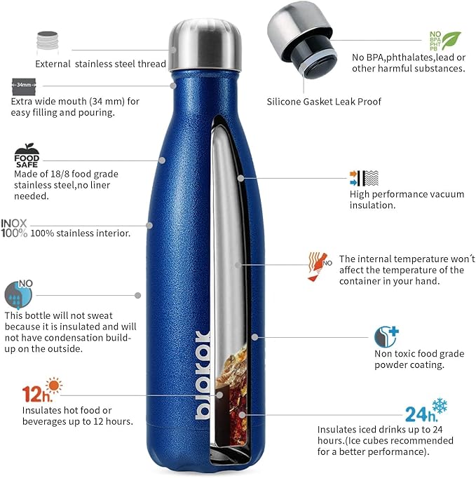 BJPKPK Insulated Water Bottles 17oz, Leak Proof Stainless Steel Water Bottle Keeps Cold for 24 Hours Hot for 12 Hours, BPA Free,Blue