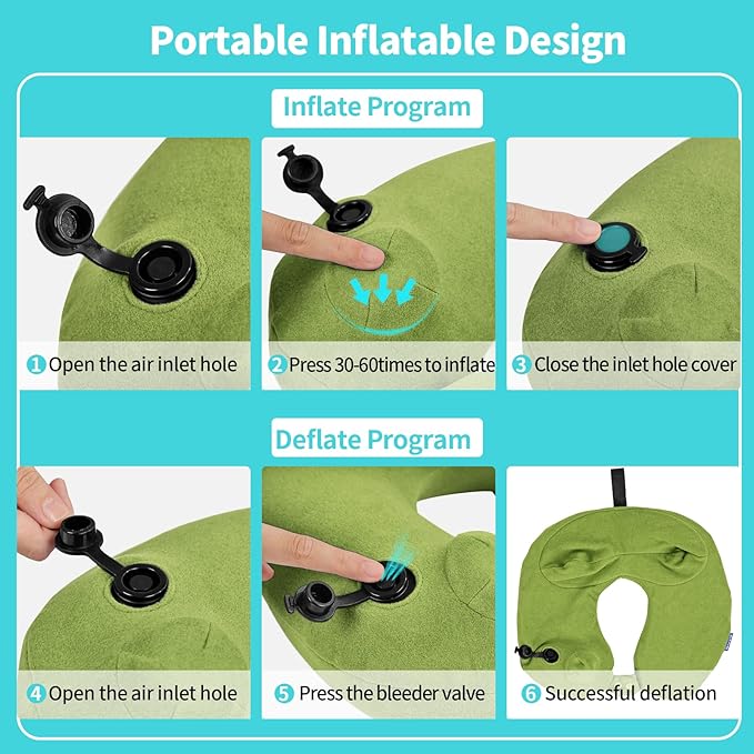 2 Pack Inflatable Travel Neck Pillows for Airplanes, Head Support Velvet Adult Neck Pillows for Long Flight, Kit with Eye Mask, Earplugs and Storage Bag, 2, Green