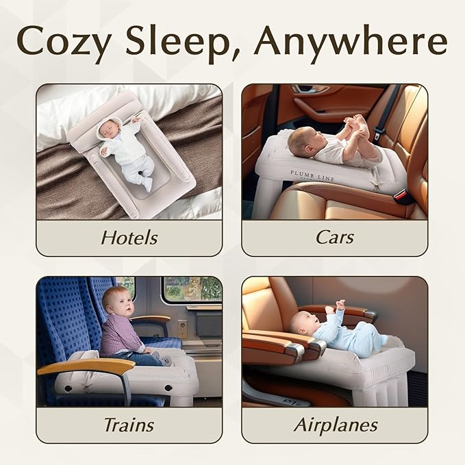 Luxury Toddler Airplane Bed – Travel Bed Seat Extender for Kids with Carry Bag, Air Pump, Pillow & Blanket – Portable Toddler Air Mattress, Travel Essentials for Airplane Seats (Beige)