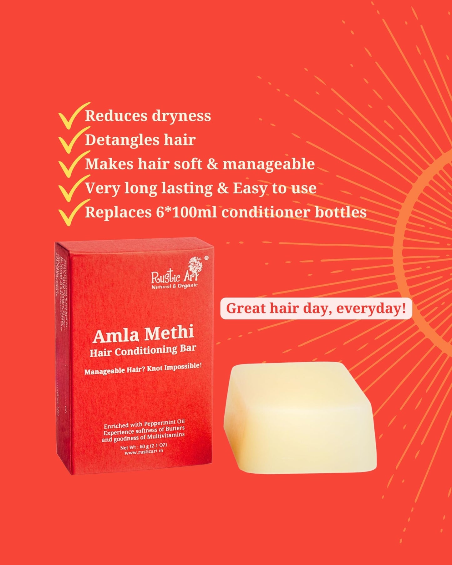 Rustic Art Amla Methi Hair Conditioning Bar | All Hair Types | Soft, Glossy & Tangle Free | Sulphate & Sillicone Free | Women & Men