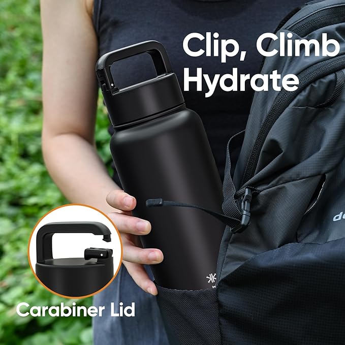 32 oz Insulated Water Bottle, 2-in-1 Lid, Straw & Spout with Protected, Leak Proof, Keep Cold, Stainless Steel, Metal, Reusable, Handle, for Outdoor, Gym and School, 2 Lids, Midnight Black