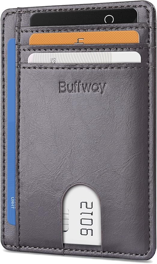 Buffway Slim Minimalist Front Pocket RFID Blocking Leather Wallets for Men and Women - Alaska Grey