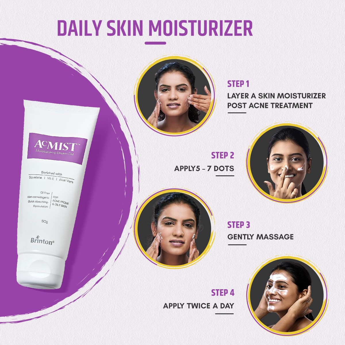 Acmist Moisturizing Gel for Oily & Acne-Prone Skin | Oil-Free, Non-Comedogenic, Quick Absorbing & Makeup Friendly | With Vitamin E, Aloe Vera & Squalane | For Men, Women & Teens | 50g/1.7 oz.