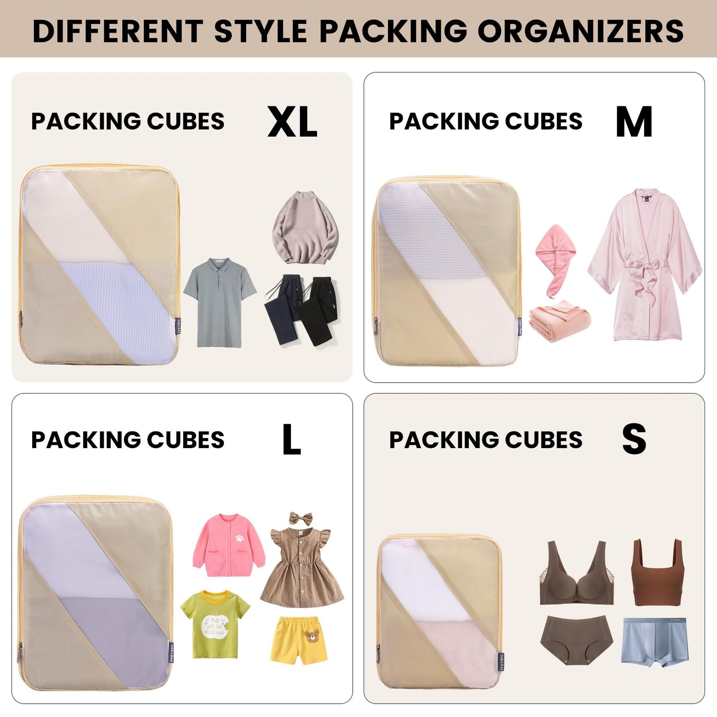 PFEYRPK Travel Packing Cubes, Compression Organizer Set of 4, Lightweight Storage for Suitcase, Vacation, Business Trips (Khaki)