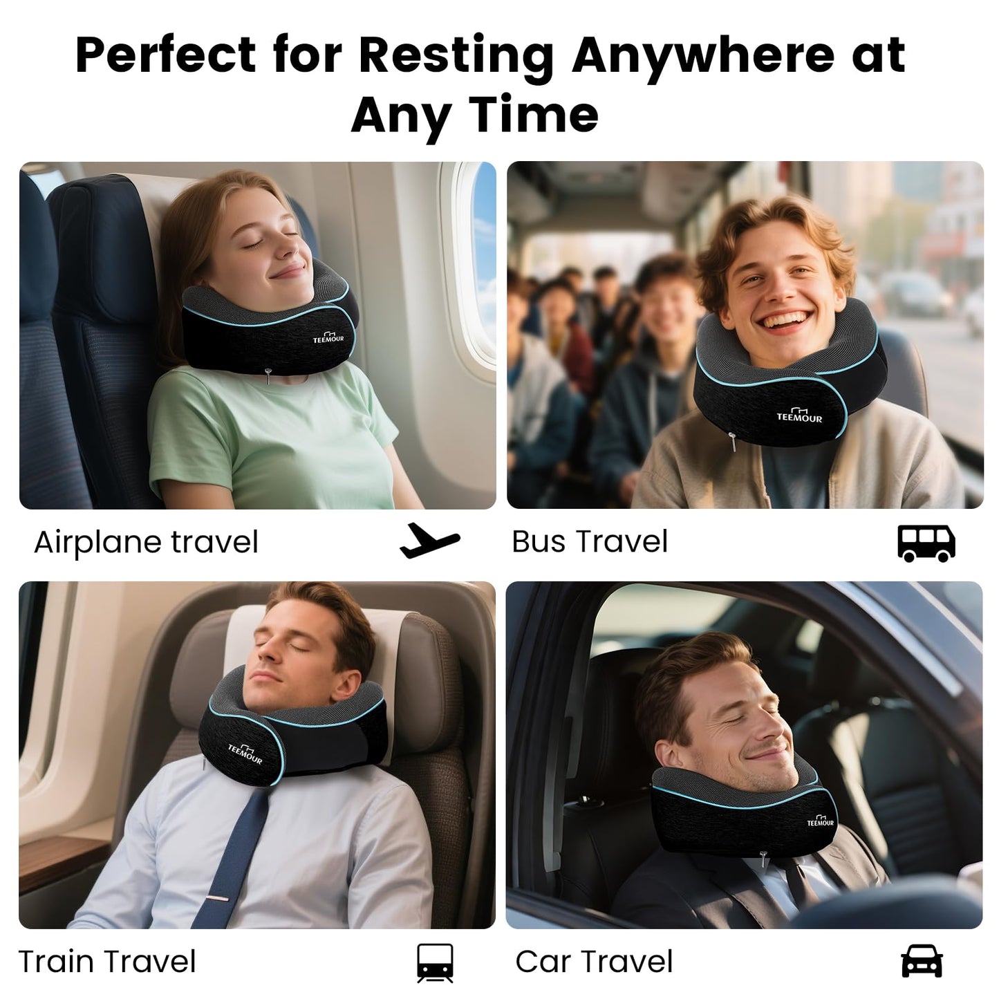 Upgraded Neck Pillow for Airplane Travel - 360° Support Stops Head Bobbing, Memory Foam Travel Pillow With Eye Mask & Earplugs, Portable Carry Bag for Long Flights/Car| Best Airplane Accessories Black